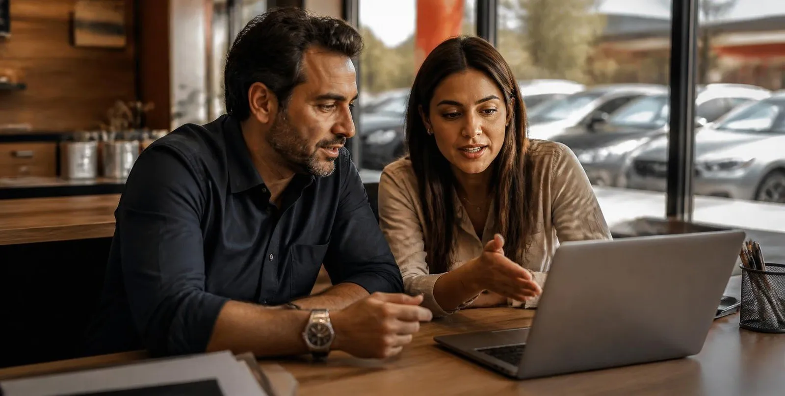 Dono de loja e gerente analisando juntos os números no notebook, com carros do pátio ao fundo