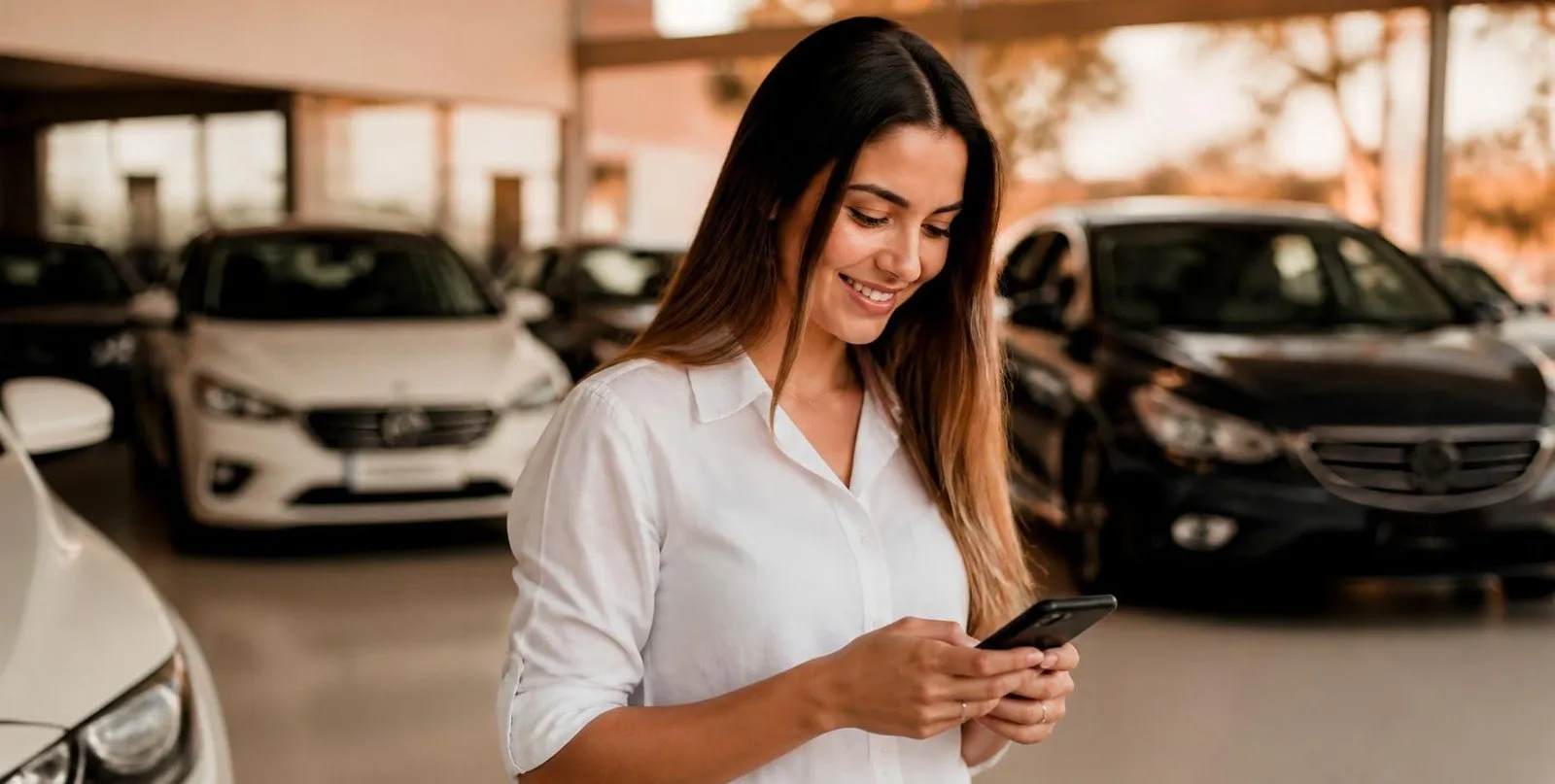 Vendedora no showroom respondendo um cliente pelo celular, com carros seminovos ao fundo
